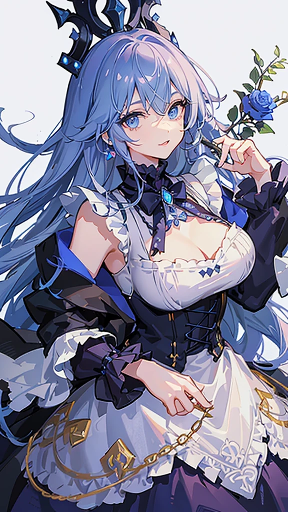 A young woman in a Victorian inspired outfit, with a mix of elegance and dark fantasy. She has curly pastel-violet hair and piercing blue eyes. Her outfit includes a white ta dress with intricate blue and gold embroidery, adorned with blue roses and chains. She holds a scepter adorned with blue gemstones and ornate designs. The overall style is dark, opulent, and slightly mysterious, set against a plain white background. Highly detailed and anime-style character art.