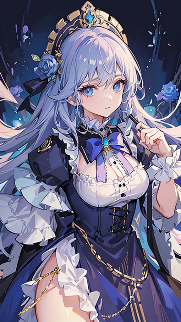A young woman in a Victorian inspired outfit, with a mix of elegance and dark fantasy. She has curly pastel-violet hair and piercing blue eyes. Her outfit includes a white ta dress with intricate blue and gold embroidery, adorned with blue roses and chains. She holds a scepter adorned with blue gemstones and ornate designs. The overall style is dark, opulent, and slightly mysterious, set against a plain white background. Highly detailed and anime-style character art.