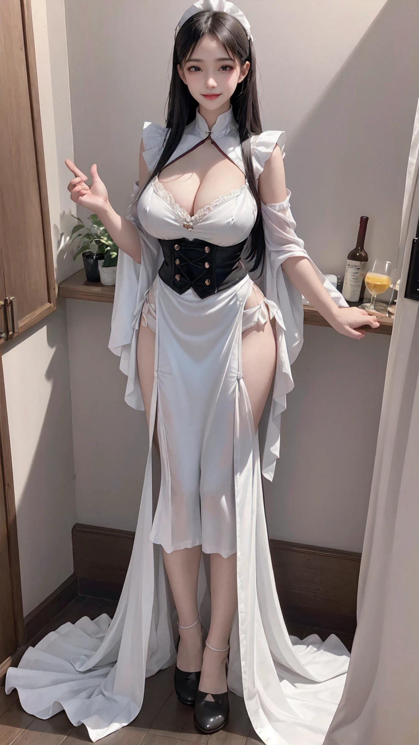 see through clothes(Full body female love:1.3),best quality, masterpiece, ultra high resolution, (lifelike:1.4), original photo, 1 female,30 years old, black hair, big eyes, Detailed eyes and face,huge breasts,split,long legs,Belted robe open ,bare shoulder,no underwear:1.5,see through clothes,Hollow material white clothes,kitchen:1.3,Smile、sleeveless costume、((Maid clothes))、((She is carrying her s old daughter))、Extremely revealing clothing、A young but sexually attractive girl