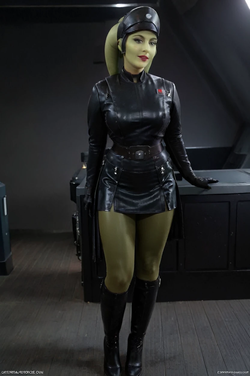 cinematic film still hera syndulla, (green skin:1.2), grin at canal, full body imperail officer wearing a black uniform with a skirt, standing in a dark interior, highly detailed, high budget Hollywood movie