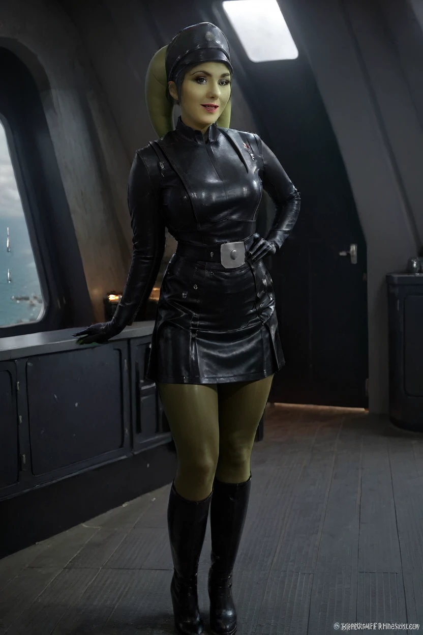 cinematic film still hera syndulla, (green skin:1.2), grin at canal, full body imperail officer wearing a black uniform with a skirt, standing in a dark interior, highly detailed, high budget Hollywood movie