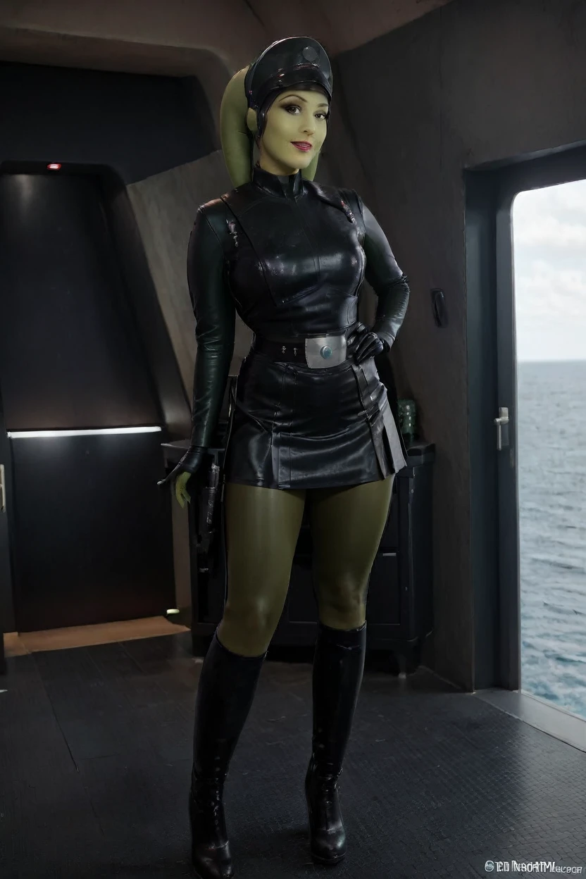 cinematic film still hera syndulla, (green skin:1.2), grin at canal, full body imperail officer wearing a black uniform with a skirt, standing in a dark interior, highly detailed, high budget Hollywood movie
