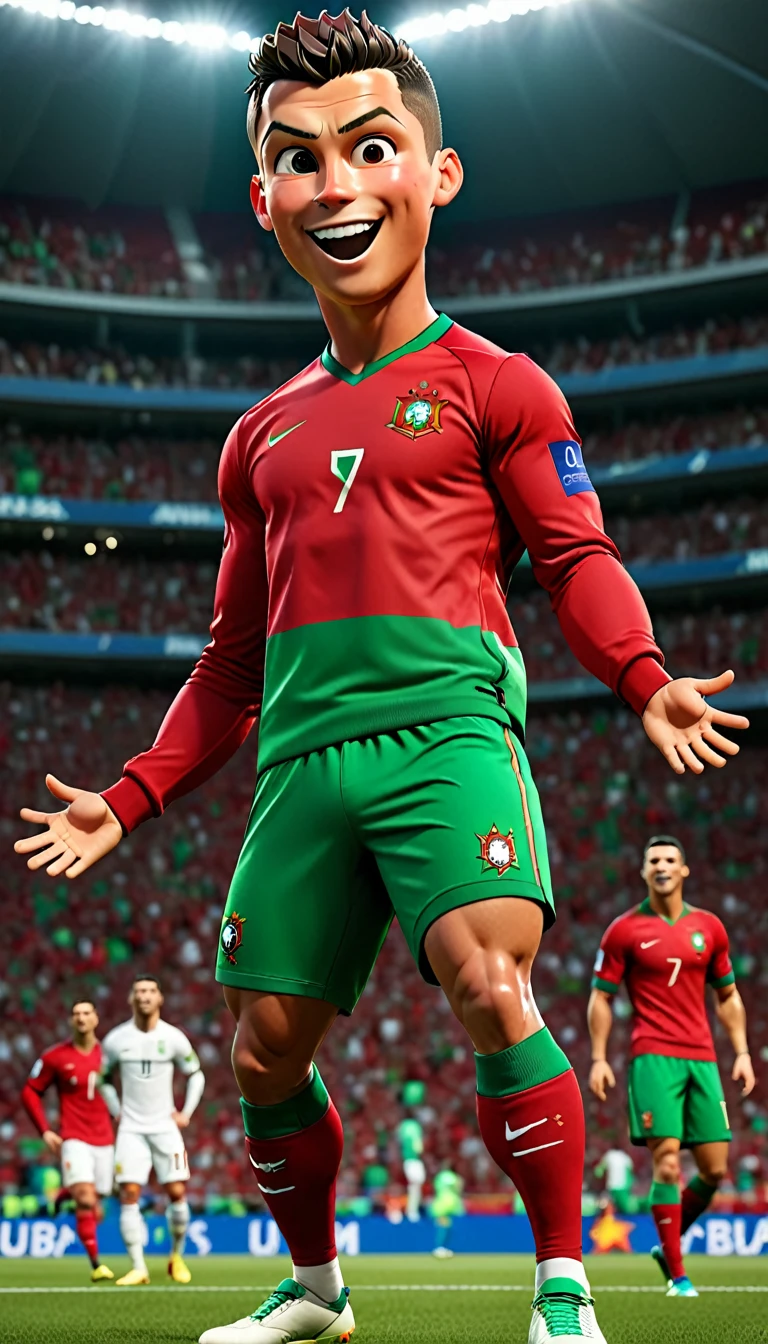 1 men,football star,Cristiano Ronaldo,celebration,Pixar style,3D,ultra high definition,8K,high quality,master,masterpiece,simple background,owo style,Portuguese national football team,Portugal national team jersey,red jacket,green shorts,