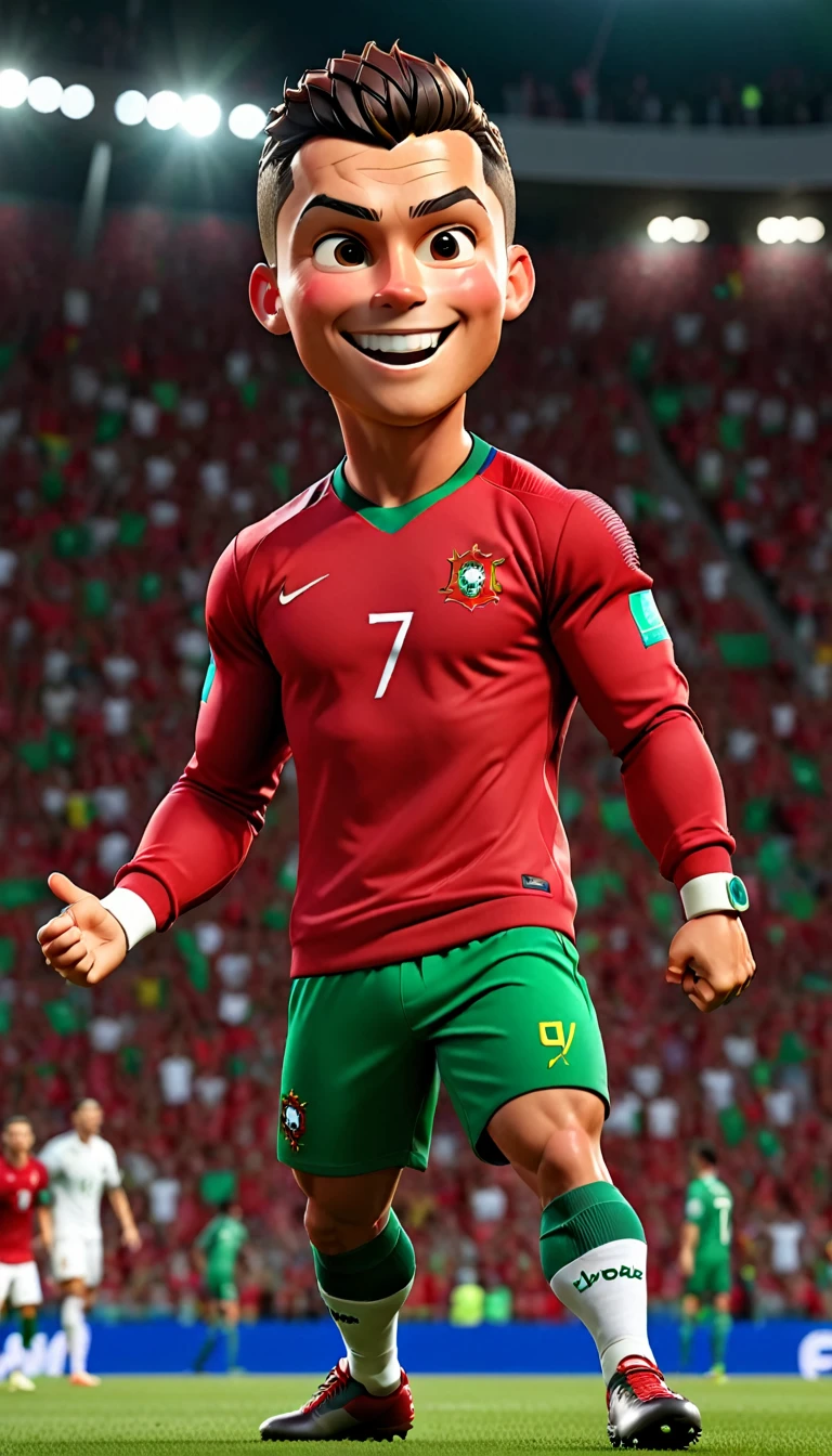 1 men,football star,Cristiano Ronaldo,celebration,Pixar style,3D,ultra high definition,8K,high quality,master,masterpiece,simple background,owo style,Portuguese national football team,Portugal national team jersey,red jacket,green shorts,