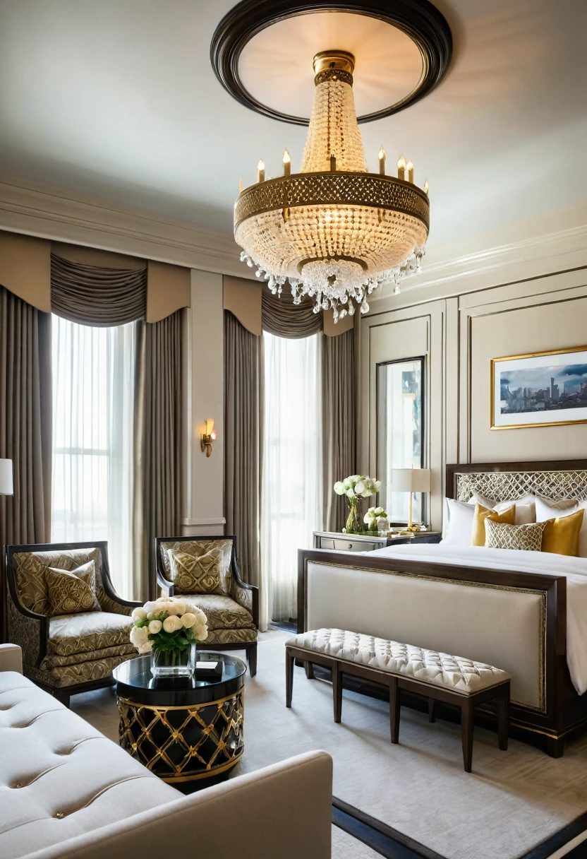 Luxurious hotel room featuring ornate, gold-accented decor with intricate patterns. A large bed with decorative pillows is positioned in the center. On each side of the bed are nightstands with elegant lamps. At the foot of the bed is a tufted bench. The ceiling features a grand chandelier and detailed gold embellishments. A dark wood console with a mounted television on the left wall. Two armchairs and a small table with flowers are placed by the window, which showcases an urban skyline through heavy drapes. The room exudes opulence and elegance.