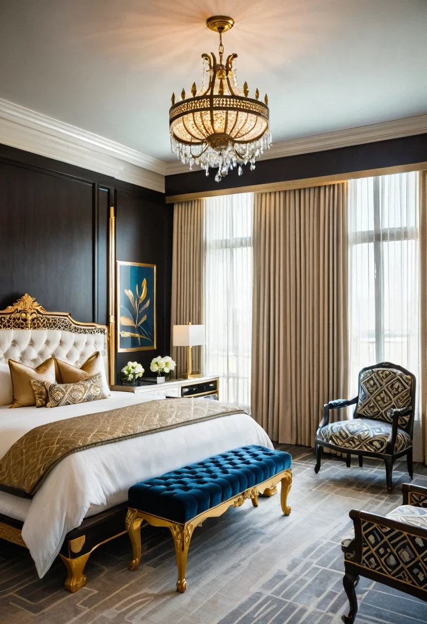 Luxurious hotel room featuring ornate, gold-accented decor with intricate patterns. A large bed with decorative pillows is positioned in the center. On each side of the bed are nightstands with elegant lamps. At the foot of the bed is a tufted bench. The ceiling features a grand chandelier and detailed gold embellishments. A dark wood console with a mounted television on the left wall. Two armchairs and a small table with flowers are placed by the window, which showcases an urban skyline through heavy drapes. The room exudes opulence and elegance.