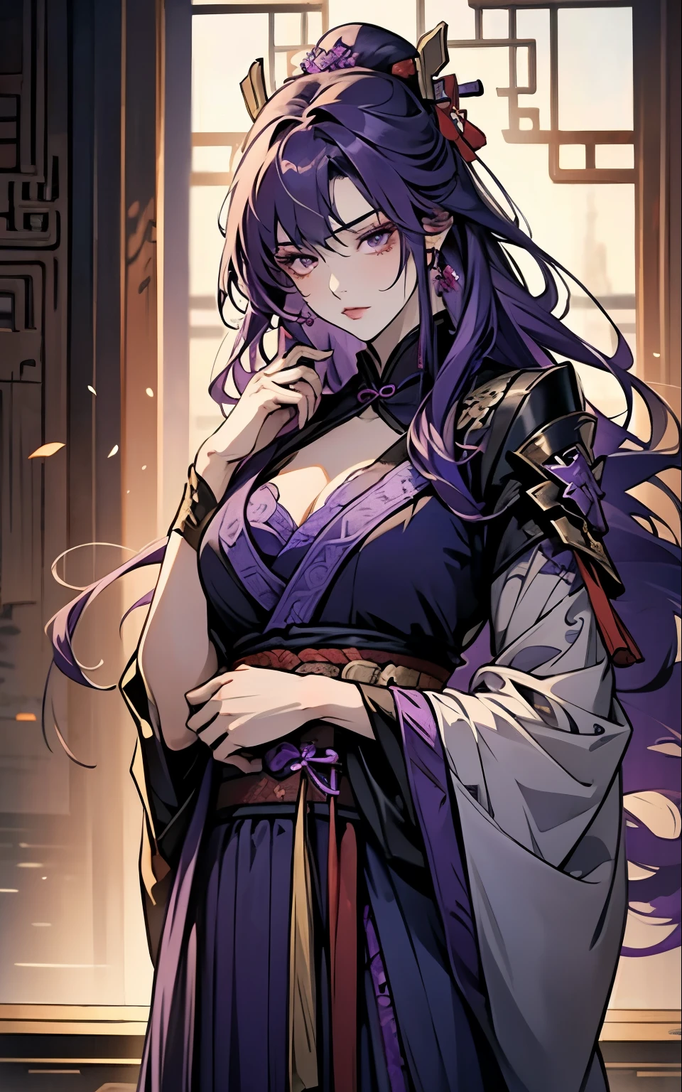 1 women, Raiden Shogun - genshin impact, long purple hair, violet eyes, violet chinese clothes, ultra long skirt, chinese room, portrait, sexy, uncovered chest tits