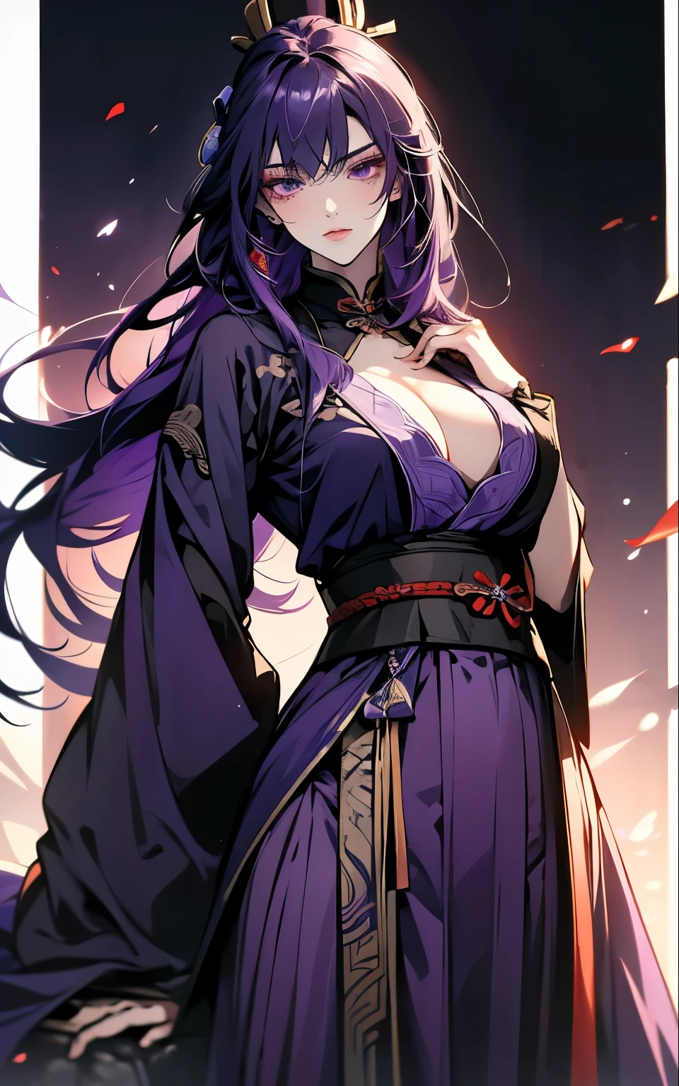 1 women, Raiden Shogun - genshin impact, long purple hair, violet eyes, violet chinese clothes, ultra long skirt, chinese room, portrait, sexy, uncovered chest tits