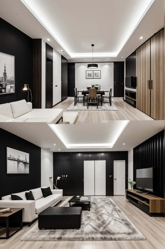 Describes the design of a living room with an area of 3.5m x 4m in an apartment on the 18th floor in a modern, minimalist style, main color black and white, flat plaster ceiling, wooden floor. minotti furniture, apartments in saigon