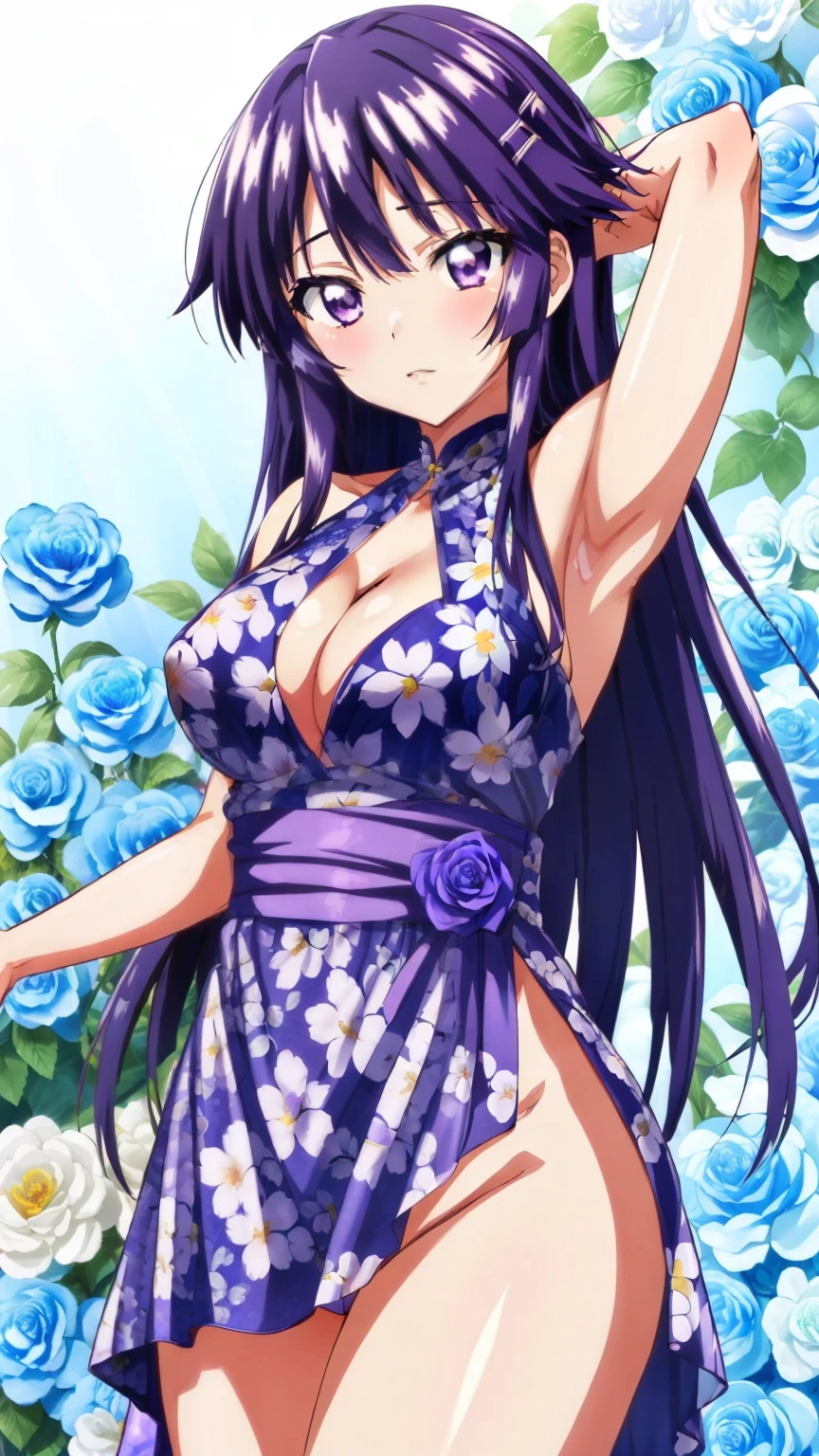 (masterpiece, best quality, high resolution, 8k:1.2), anime, highly detailed face, Detailed CG,1 girl, chizuru-chan kaihatsunikki, mature, sexy, spread pussy, purple hair, long hair, hair clip, purple eyes, ((wearing flowers dress)), large medium breasts, alone,stylish pose, stylish angle,looking at the viewer, in the center of the image,cowboy shot,