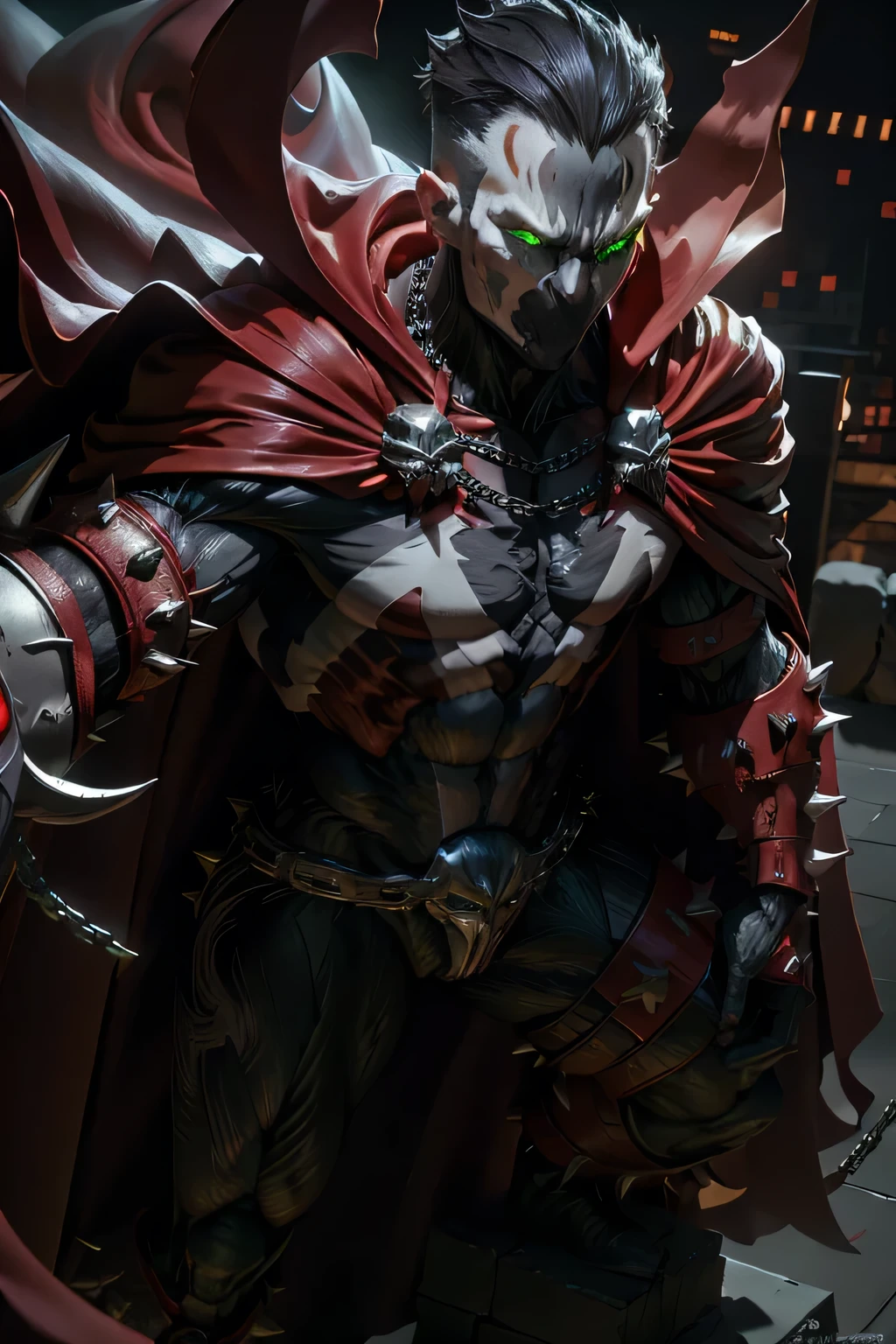 pixar style, focus on eyes, spawn2023, long red collar, red cowl, red cape, chains, skulls, glowing green eyes, textured suit, red gauntlets, spikes, dramatic lighting, 8k, muscular, uhd, best quality, award winning photo, rtx on, unreal engine 5, absurdres, long cape, large red boot, large gauntlet, flowing cape, asymmetrical red Armor, mask, night, dramatic lighting, epic red cape, wide shoulders, spike shoulders, silver chain, cgi, flying pose