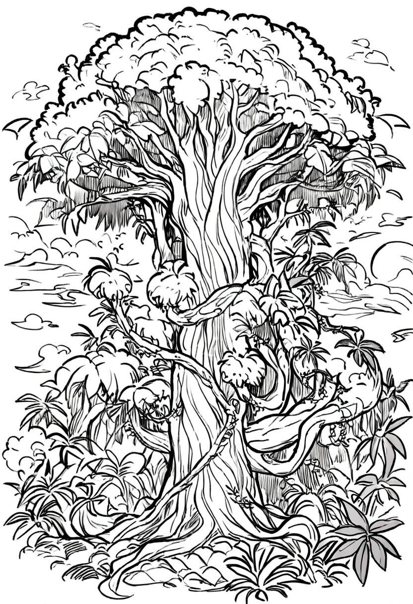 Rainforest,Big tree with vines entwined,Black and white line drawing,Line Art