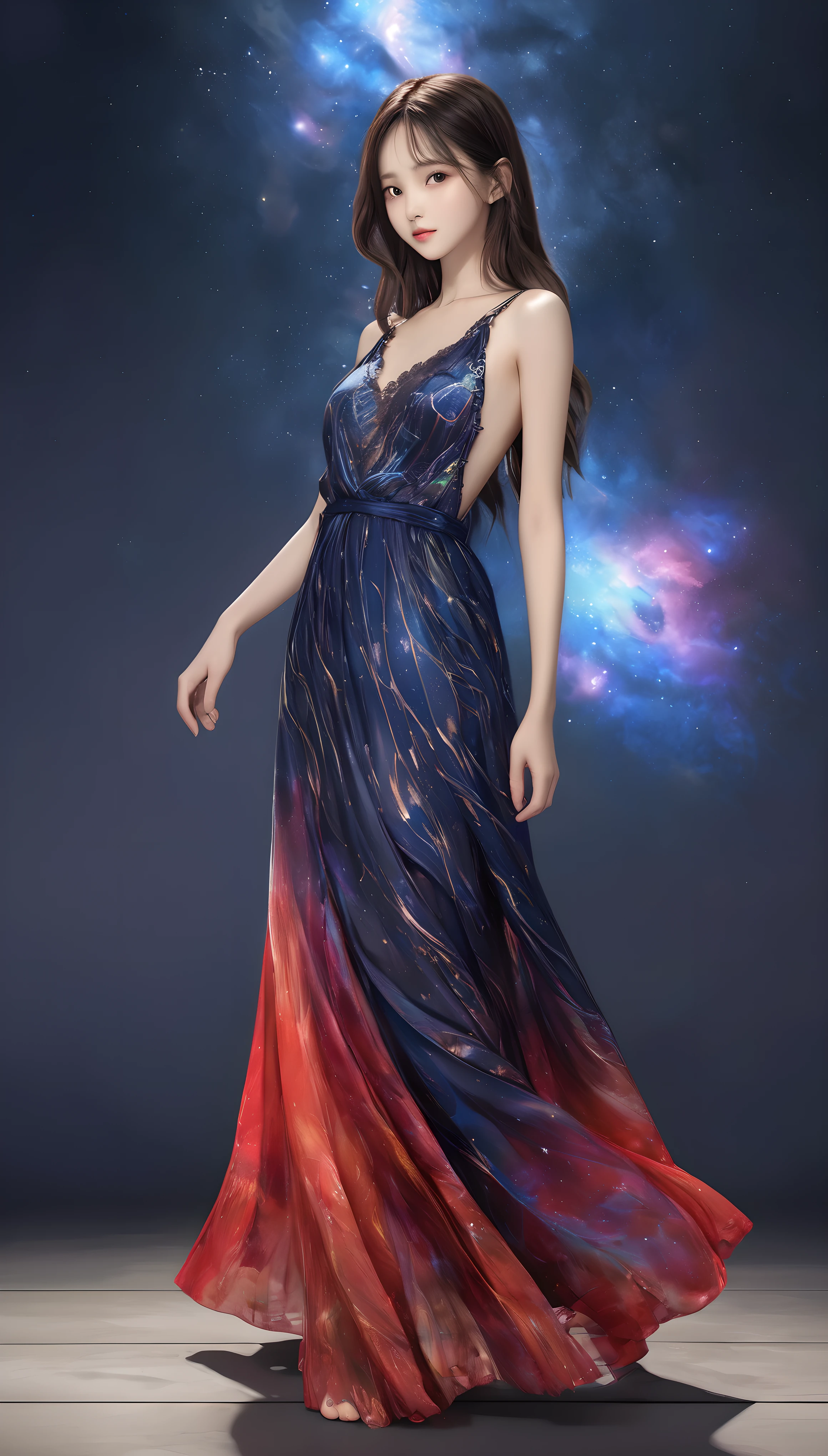 Realistic photo, Raw photo, Ultra-high precision, Sharpness, Expressing realistic photographic blur, Detailed face, 
BREAK A woman wearing the night sky, Transparent midnight color, Dark blue and dark red marble color, Transparent full color, 
BREAK (Like a night dress:1.3, Long length that spreads to the floor:1.4), open back, A fascinating back, 
BREAK Height:170cm, body weight:49㎏, breasts 82cm, waist 59cm, hip 84cm, vital statistics, 
BREAK A perfect fusion of dress and night sky, Seamless blending, 
BREAK: Fascinating Adults, Noble and prestigious, aesthetic, upscale, luxury, 
BREAK (The suppleness of silk, Silk luster, silk texture), 
BREAK holographic, Fantastic iridescent colors, 
BREAK Detailed and realistic skin texture, Detailed and intricate texture, Detailed and intricate brushwork, Detailed and clear depiction, Anatomically correct, Absurd aesthetics, 
BREAK (Wear a stole across your back:1.3), Lace Stall, Transparent galaxy texture, upscale, luxury, Delicate pattern, aesthetic, 
BREAK A dark night sky background that makes the subject stand out, 
BREAK Dramatic Cinematic Lighting, 
BREAK A powerful and bold composition, 
Transparent Full color, 
(Dynamic wide full body shot:1.4, ankle in of frame:1.3), 
BREAK Re-drawing into a clear and vivid work, highest quality render, Highest quality, Highest Resolution, 
Transparent Full color, Ultra-Realistic, 