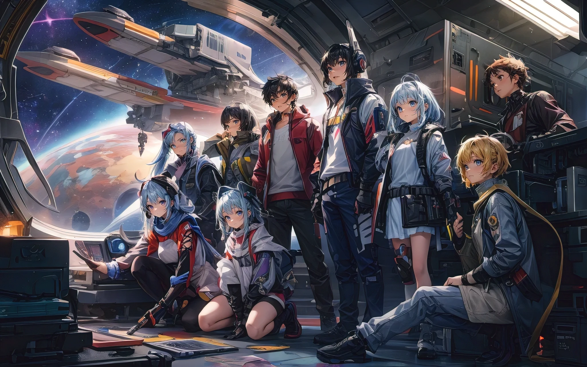 An intricate photorealistic illustration of an anime-styled group of cosmic explorers preparing to embark on a galactic adventure. The party consists of characters with unique and vibrant designs, each with their own weapons and gadgets. A spaceship with futuristic elements is seen in the background, ready to take off. The atmosphere is full of excitement, anticipation, and a sense of adventure, with a touch of sci-fi and fantasy elements., illustration, anime