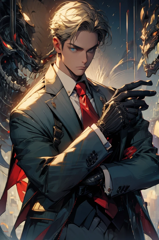 ((Masterpiece, best quality:1.2)), handsome Loid Forger, shirt, gloves, necktie, jacket, vest, pants, 8k resolution, 1man, mature male, quiet and charming young man, 25 years old, serious, closed mouth