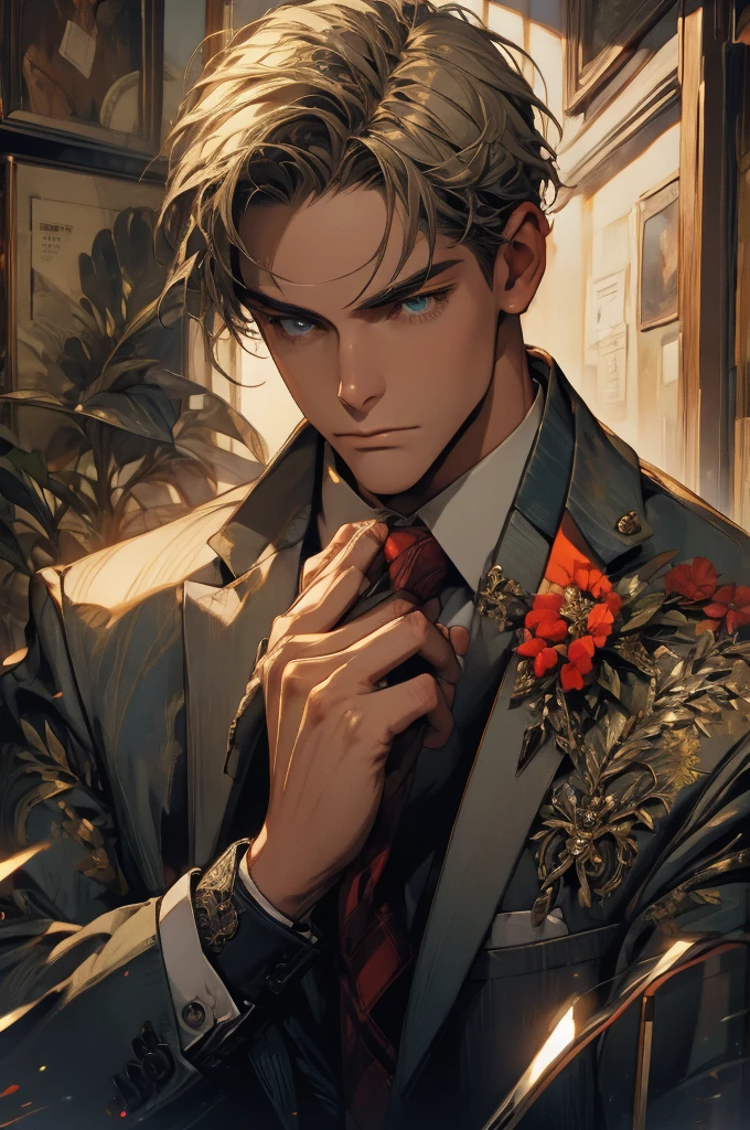 ((Masterpiece, best quality:1.2)), handsome Loid Forger, shirt, gloves, necktie, jacket, vest, pants, 8k resolution, 1man, mature male, quiet and charming young man, 25 years old, serious, closed mouth