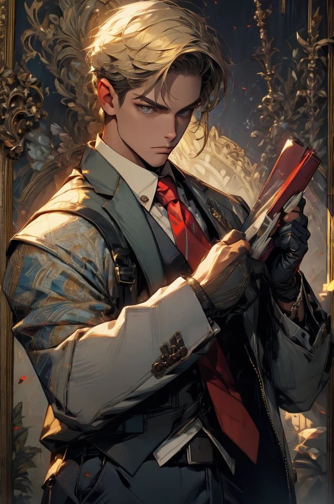 ((Masterpiece, best quality:1.2)), handsome Loid Forger, shirt, gloves, necktie, jacket, vest, pants, 8k resolution, 1man, mature male, quiet and charming young man, 25 years old, serious, closed mouth