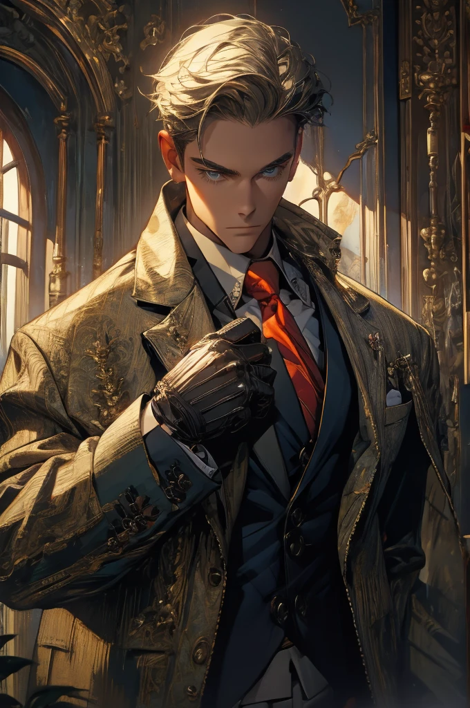 ((Masterpiece, best quality:1.2)), handsome Loid Forger, shirt, gloves, necktie, jacket, vest, pants, 8k resolution, 1man, mature male, quiet and charming young man, 25 years old, serious, closed mouth