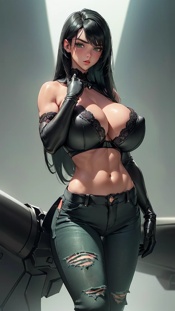 (((1 girl,  cute, (gigantic breasts:1.2), black leather pleated skirt, black lace bra, jeans, black elbow Gloves, jet black hair, straight hair,  side parted hair, green eyes))), (((short, straight jet-black hair))), 
dynamic poses, realistic style,