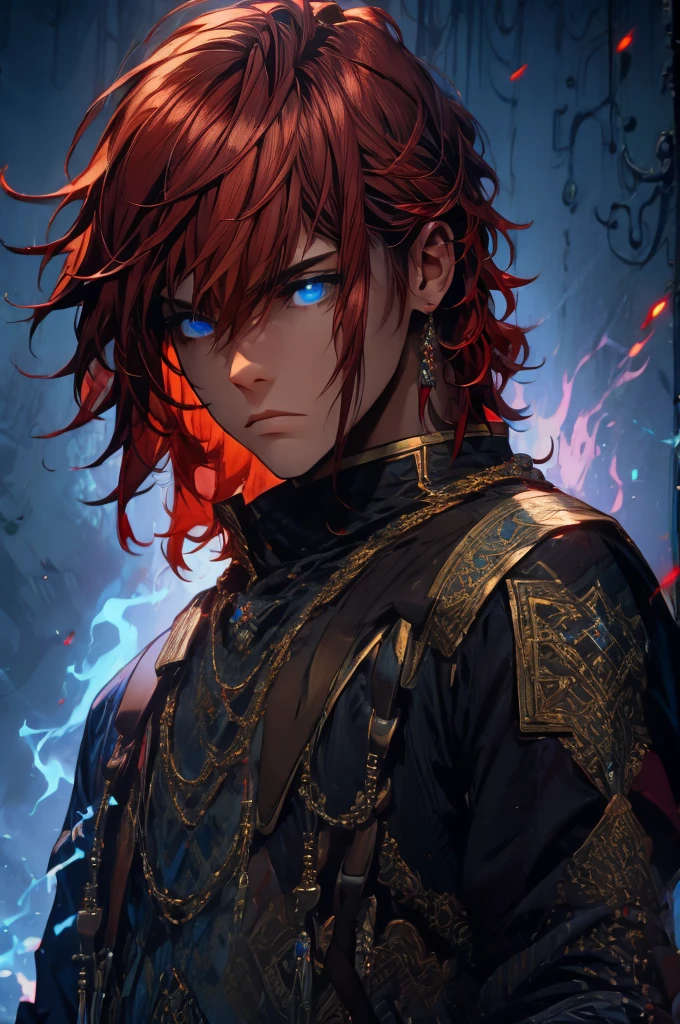 (masterpiece, best quality), intricate details, 1boy, red hair, blue eyes, Arthur, black clothes, pauldrons,