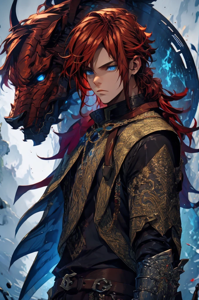 (masterpiece, best quality), intricate details, 1boy, red hair, blue eyes, Arthur, black clothes, pauldrons,