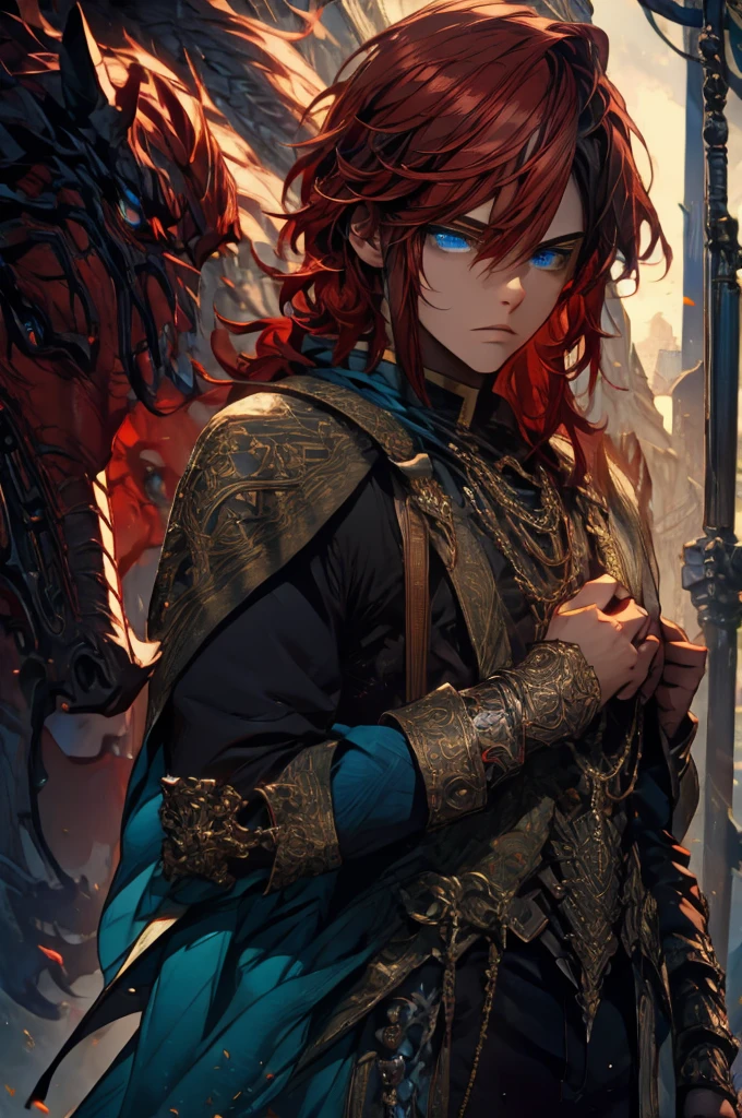 (masterpiece, best quality), intricate details, 1boy, red hair, blue eyes, Arthur, black clothes, pauldrons,