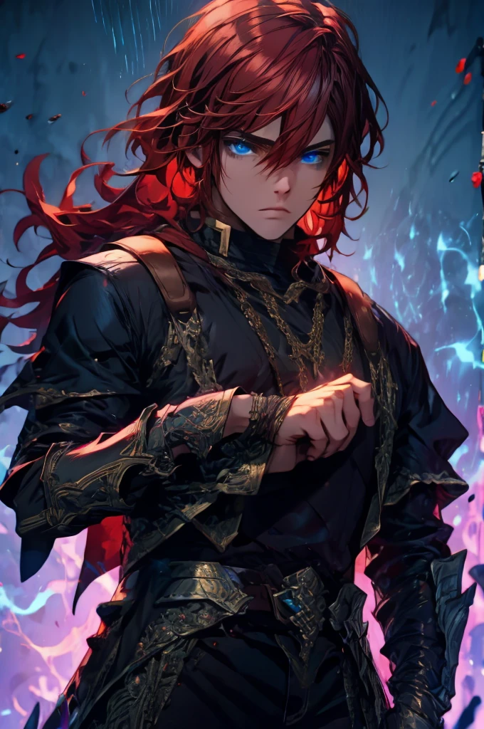 (masterpiece, best quality), intricate details, 1boy, red hair, blue eyes, Arthur, black clothes, pauldrons,