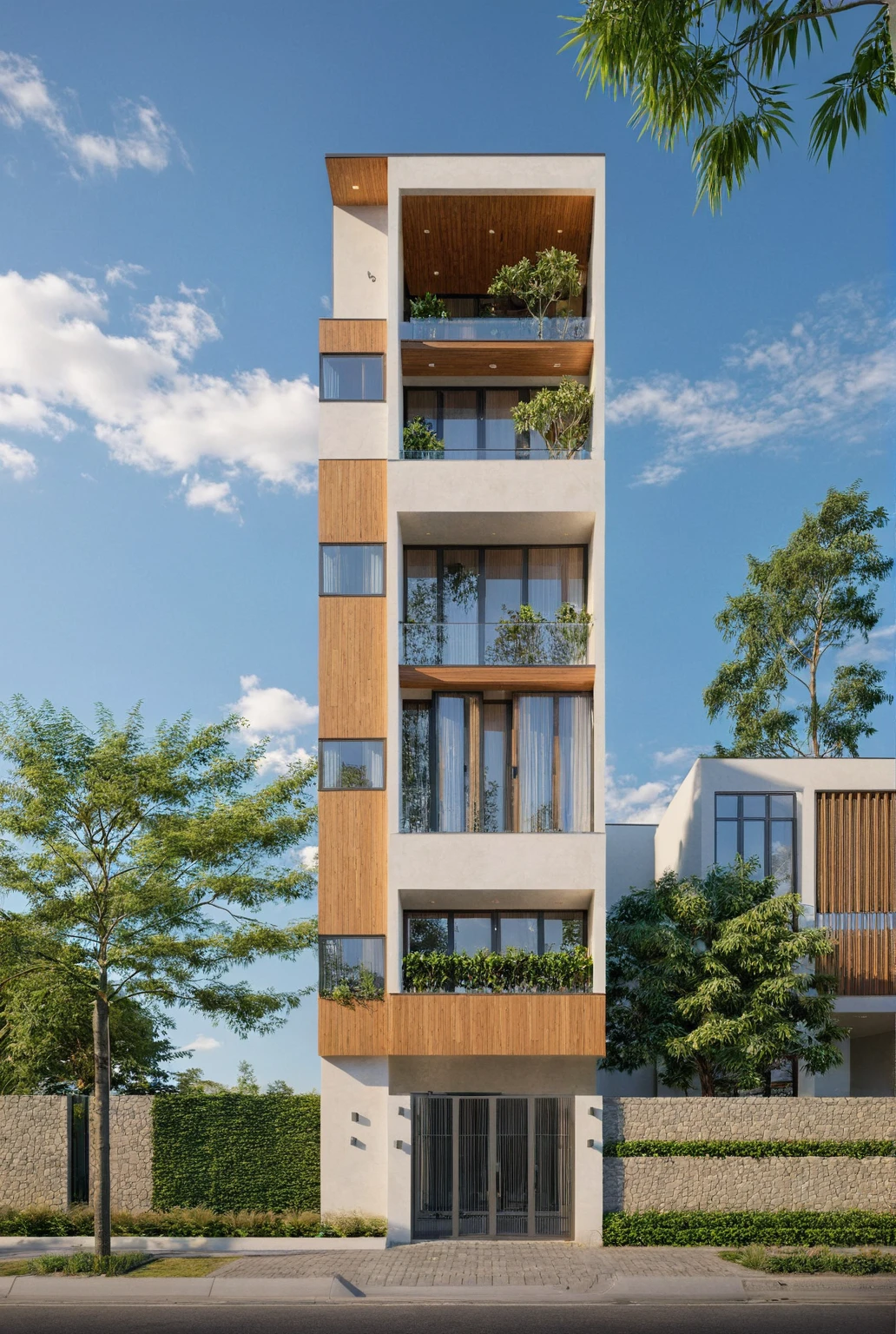 Raw photo,Masterpiece, high quality, best quality, authentic, super detail,
exterior, outdoors, house style modern on the street, glass windows, gate, wooden ceiling,
road,pavement, trees, sky, cloud, (daylight:1.1)
