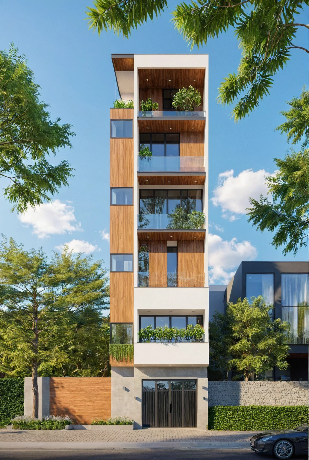 Raw photo,Masterpiece, high quality, best quality, authentic, super detail,
exterior, outdoors, house style modern on the street, glass windows, gate, wooden ceiling,
road,pavement, trees, sky, cloud, (daylight:1.1)