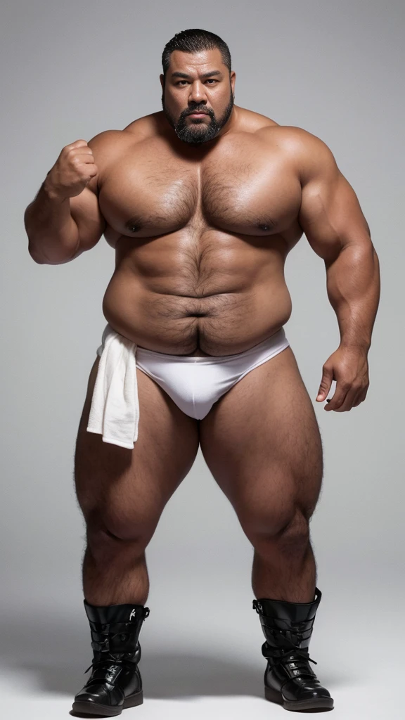 black hair, middle-aged man, individual, male, Muscular wrestler, muscular, Stout wrestler, Asian, Japanese, uncle, 55 year old middle-aged man, short hair, short hair, red wrestling boots, full body portrait, shadow, Vision, red briefs, obesity, 45 years old, short beard, middle-aged man, tattoo, fingerless gloves, Wheat skin, shiny skin, dark skin, Show your pectoral muscles, sumo wrestler, bodybuilder, wide temples, Visible abdominal muscles, Smile, Fine hands, solid color background, pure white background, Surrealism, Panorama, 8k, super detail,