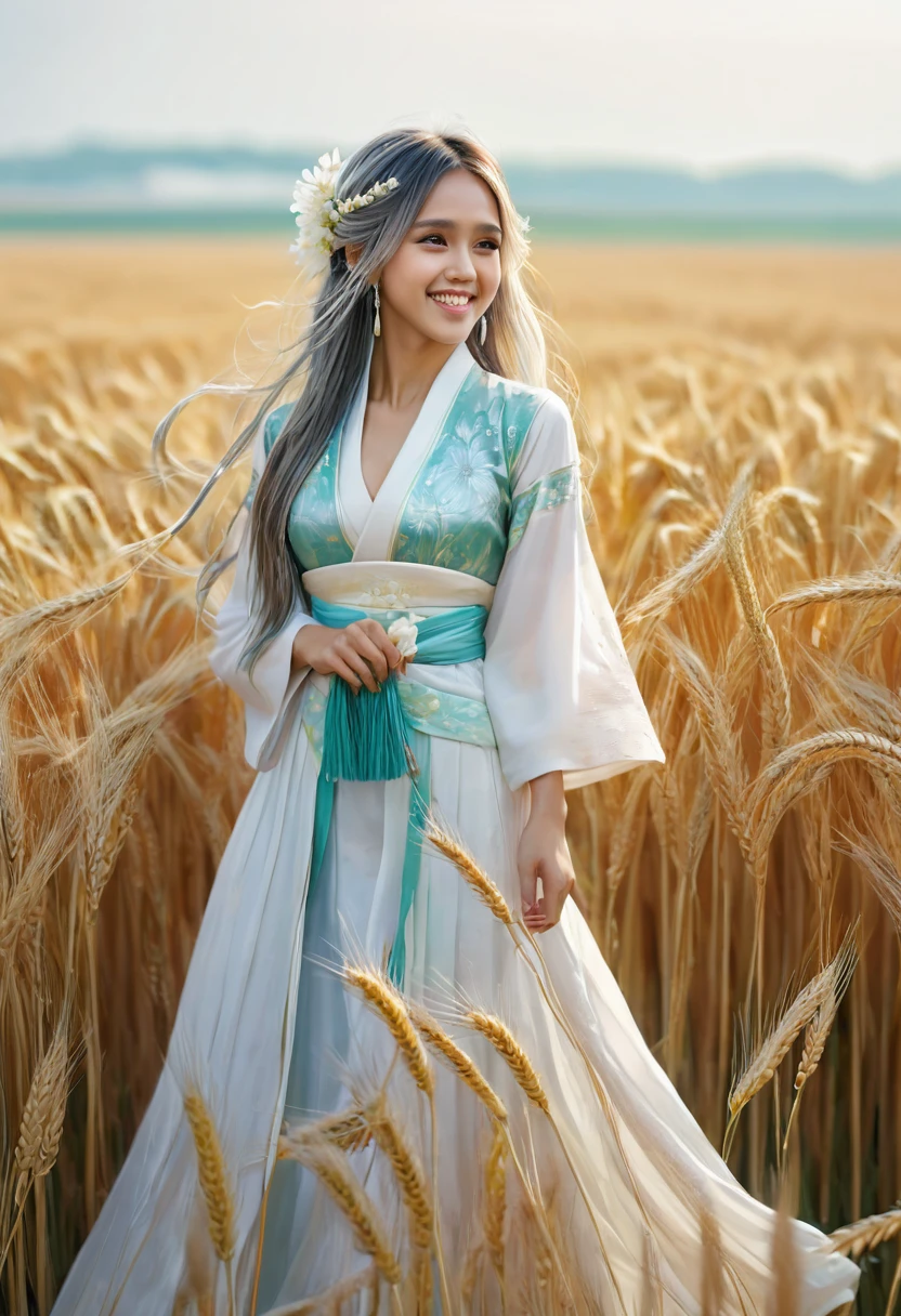 Jessica Alba, masterpiece, best quality, ultra highres, detailed illustration, portrait, detailed, 1girl standing in wheat field, solo, long hair, dress, flower, white hanfu, smile, full body, white flower, bare shoulders, very long hair, aqua hair, closed mouth, facing viewer, bangs,