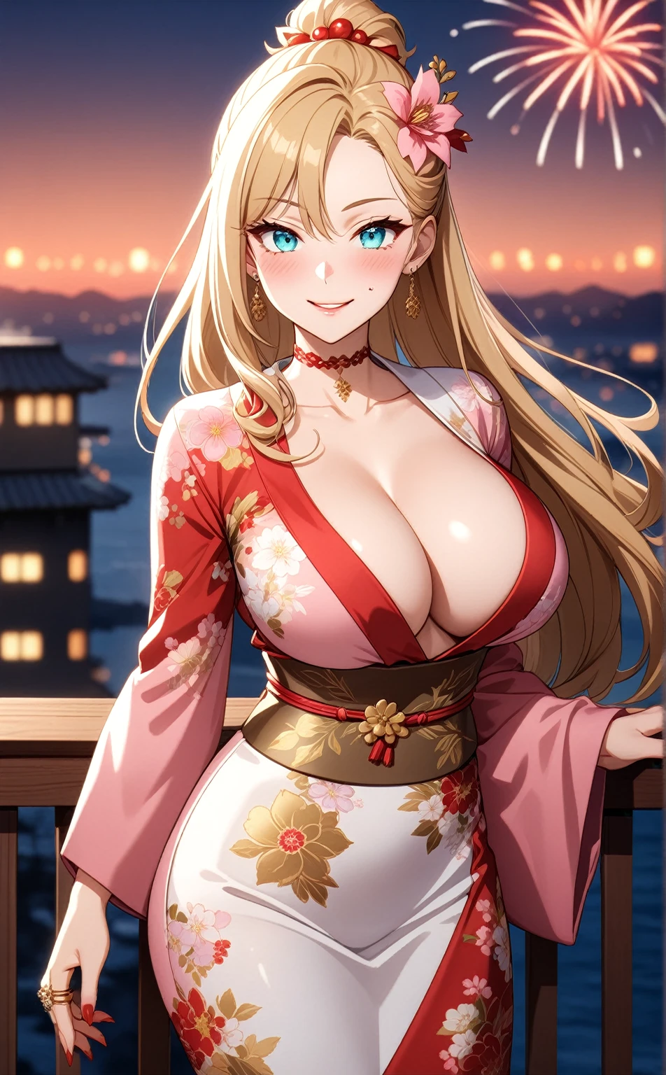 ((One personの女性)), Beautiful Face, Laughing embarrassedly,((Wink:1.5)),Laugh with your mouth wide open,((Red cheeks:1.4)),Glossy pink lips,(finger to mouth),night,rooftop,Festive decorations,You can see the ocean, firework,((Anime style background)),masterpiece, Highest quality, so beautiful, Latest, Complex details, (Pink long nails),(ring),(flower bracelet),Floral choker,AI-generated, Complex,High resolution, Highest quality, super high quality,3D Images、View your viewers、3D Images,One person,Long blonde hair,High Ponytail,Turquoise Eyes,Anime woman posing for a photo, (Fine grain, gradient eyes,Shining Eyes:1.3),(Squint your eyes:1.1),a hyperRealistic , hyperRealistic , Realistic,Blonde anime woman with long hair, Smooth anime CG art, A woman in a colorful kimono with gold embroidery, (Pink long sleeve kimono),Red floral pattern,Long flower hair ornament,Large floral earrings,(ring),(Big Breasts:1.2),Mature Body,Tall,Big Ass,Narrow waist,Abdominal muscles,(Zoom in on face:1.8),(Photographed from the front)