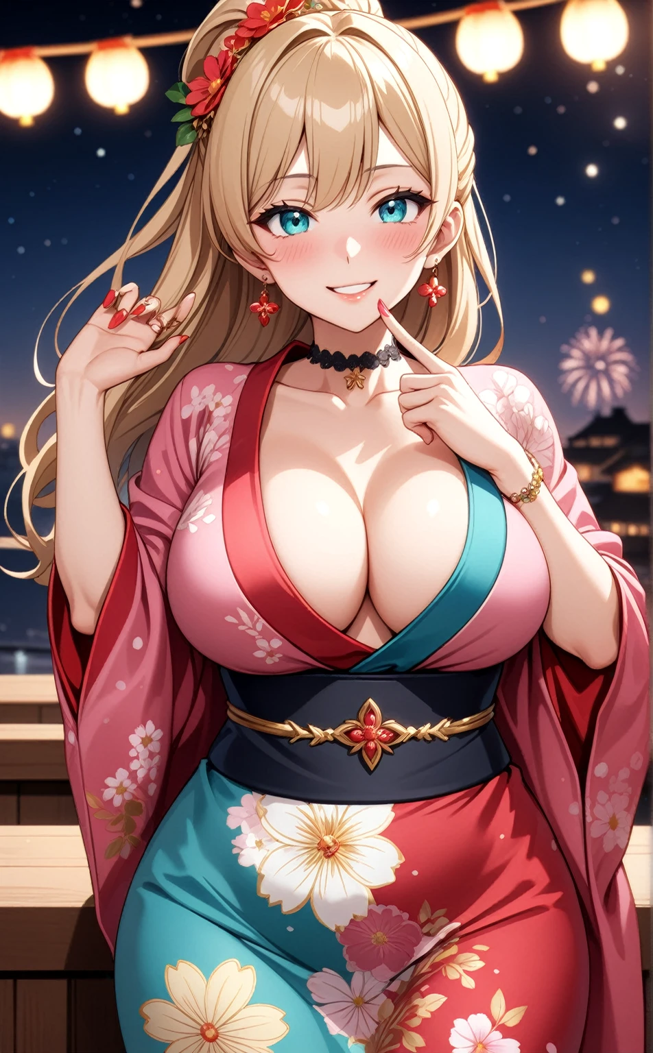 ((One personの女性)), Beautiful Face, Laughing embarrassedly,((Wink:1.5)),Laugh with your mouth wide open,((Red cheeks:1.4)),Glossy pink lips,(finger to mouth),night,rooftop,Festive decorations,You can see the ocean, firework,((Anime style background)),masterpiece, Highest quality, so beautiful, Latest, Complex details, (Pink long nails),(ring),(flower bracelet),Floral choker,AI-generated, Complex,High resolution, Highest quality, super high quality,3D Images、View your viewers、3D Images,One person,Long blonde hair,High Ponytail,Turquoise Eyes,Anime woman posing for a photo, (Fine grain, gradient eyes,Shining Eyes:1.3),(Squint your eyes:1.1),a hyperRealistic , hyperRealistic , Realistic,Blonde anime woman with long hair, Smooth anime CG art, A woman in a colorful kimono with gold embroidery, (Pink long sleeve kimono),Red floral pattern,Long flower hair ornament,Large floral earrings,(ring),(Big Breasts:1.2),Mature Body,Tall,Big Ass,Narrow waist,Abdominal muscles,(Zoom in on face:1.8),(Photographed from the front)