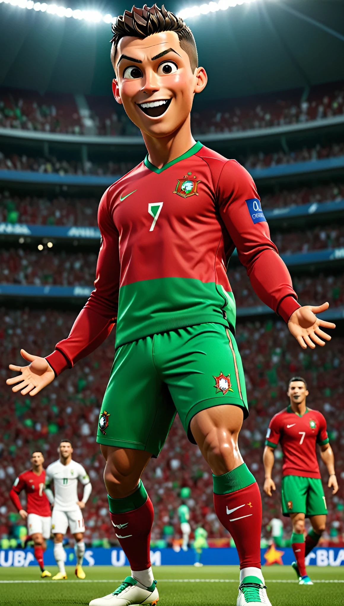 1 men,football star,Cristiano Ronaldo,celebration,Pixar style,3D,ultra high definition,8K,high quality,master,masterpiece,simple background,owo style,Portuguese national football team,Portugal national team jersey,red jacket,green shorts,