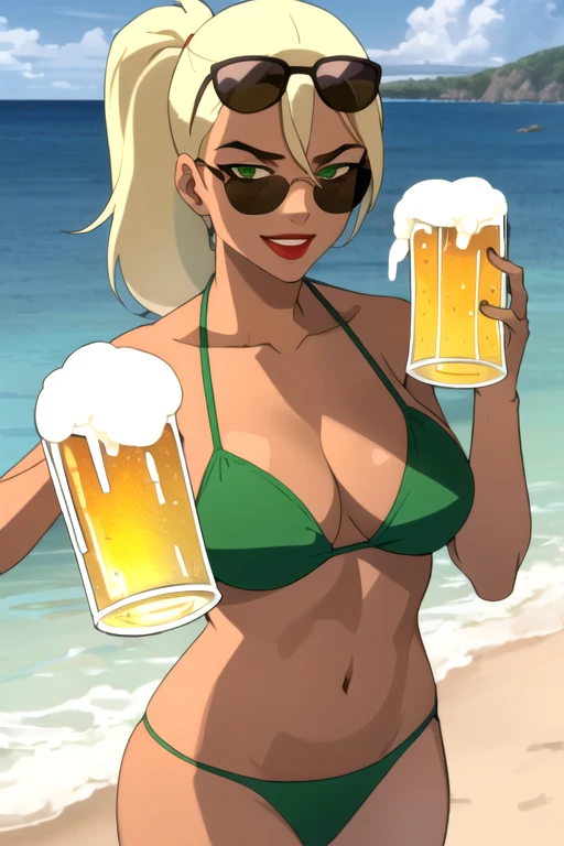 ((masterpiece)), (best quality), outdoors, beach, detailed background, 1girl, solo, sexy, 36-years-old, tan olive skin, short blonde hair, pony tail style, emerald eyes, eyeshadow, mascara, red lipstick, ((Wearing a flossing green bikini and sunglasses)), she’s looking at the camera with a calm smile, walking, ((holding a beer can in one hand)), ((masterpiece))
