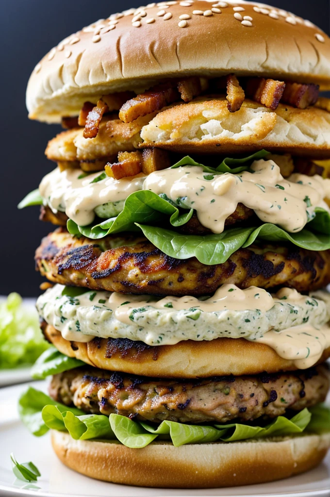 Create a double chicken burger with cilantro mayonnaise, fried bacon, olives, fried onion, barbecue sauce and lettuce