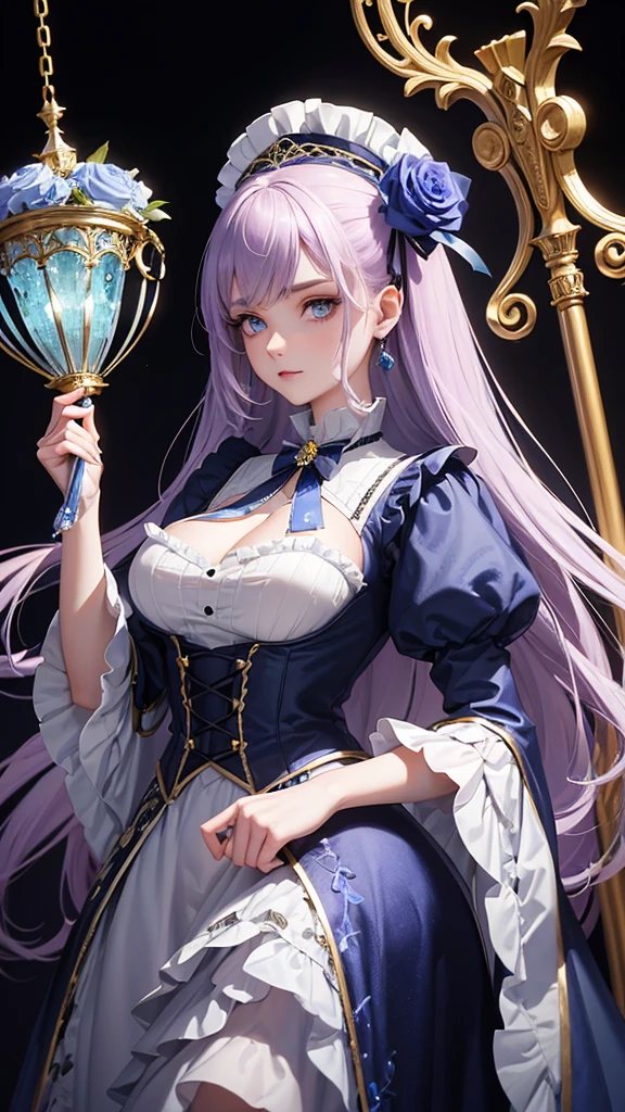 A young woman in a Victorian inspired outfit, with a mix of elegance and dark fantasy. She has curly pastel-violet hair and piercing blue eyes. Her outfit includes a white lolita dress with intricate blue and gold embroidery, adorned with blue roses and chains. She holds a scepter adorned with blue gemstones and ornate designs. The overall style is dark, opulent, and slightly mysterious, set against a plain white background. Highly detailed and anime-style character art.