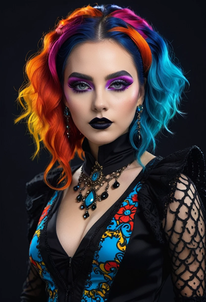 (best quality, 4K, 8K, high-resolution, masterpiece), ultra-detailed, photorealistic, striking young woman, bold Neo-Gothic makeup, bold Neo-Gothic hair, vibrant Pop Art inspired outfit, intricate facial designs, modern fashion, high fashion, vibrant colors, digital art