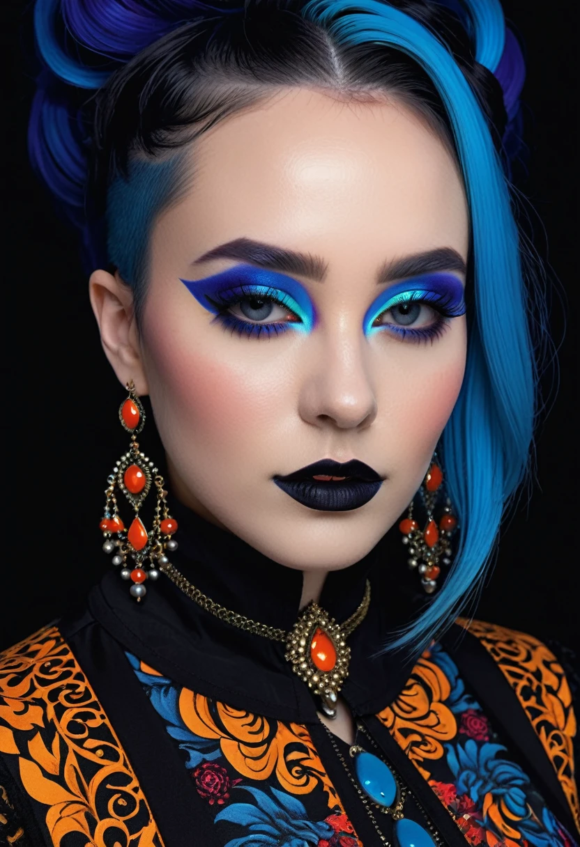 (best quality, 4K, 8K, high-resolution, masterpiece), ultra-detailed, photorealistic, striking young woman, bold Neo-Gothic makeup, bold Neo-Gothic hair, vibrant Pop Art inspired outfit, intricate facial designs, modern fashion, high fashion, vibrant colors, digital art