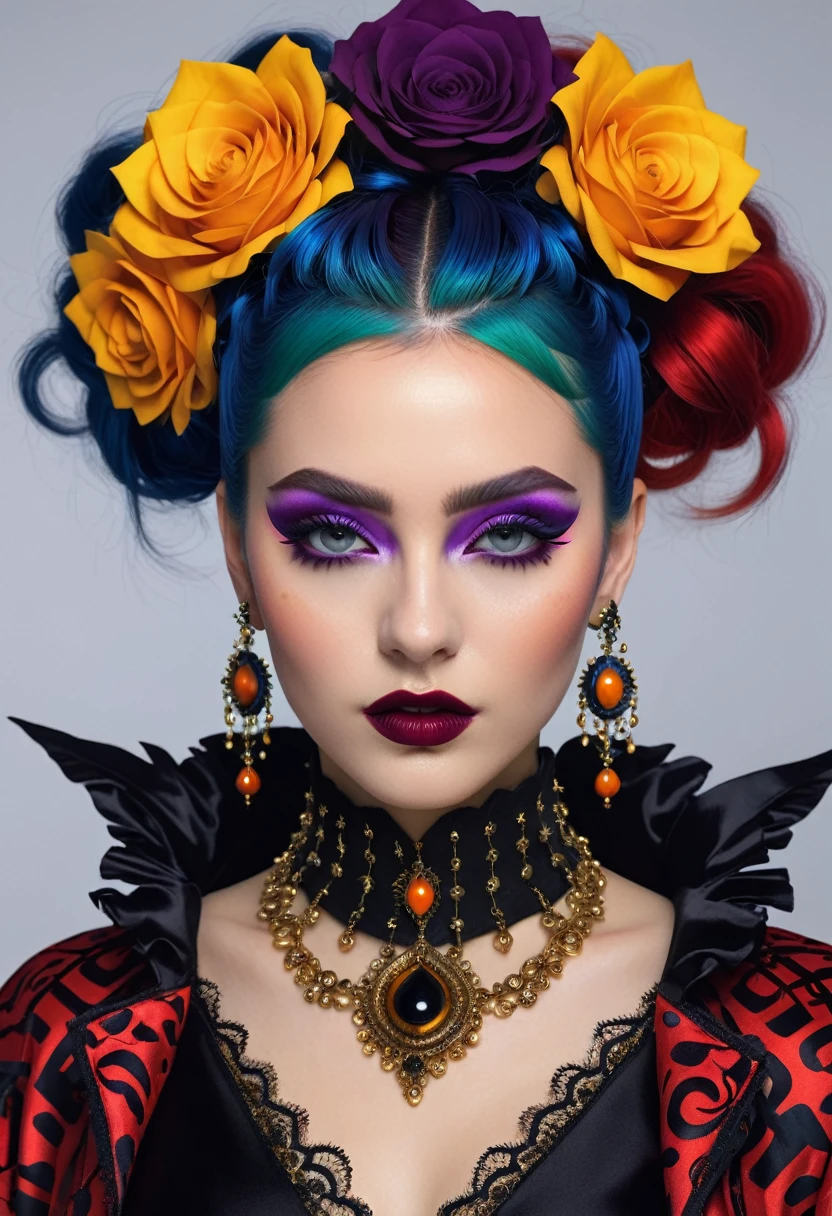 (best quality, 4K, 8K, high-resolution, masterpiece), ultra-detailed, photorealistic, striking young woman, bold Neo-Gothic makeup, bold Neo-Gothic hair, vibrant Pop Art inspired outfit, intricate facial designs, modern fashion, high fashion, vibrant colors, digital art