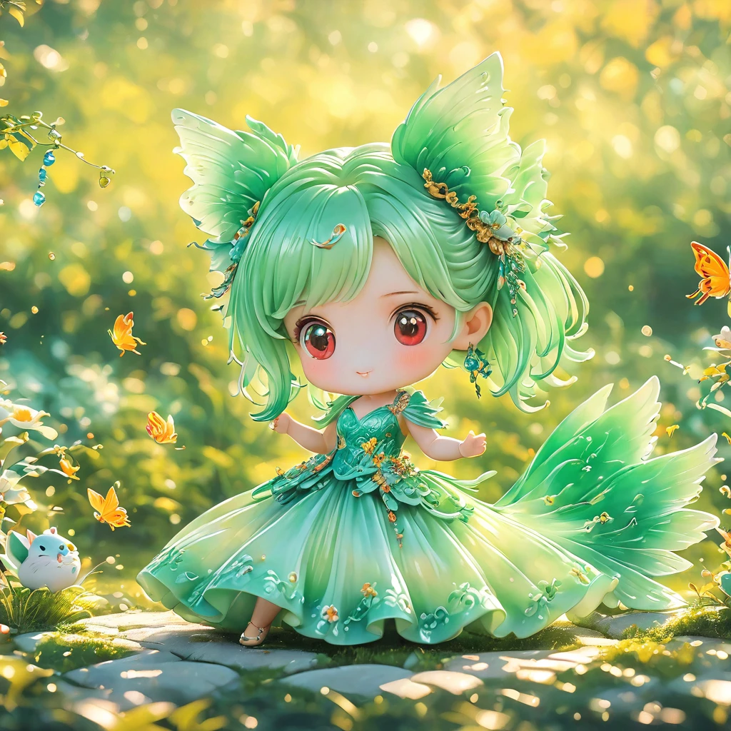 best quality, very good, 16K, ridiculous, Very detailed, charming((( Evening dress 1.3)))wing，Made of translucent jadeite, Background grassland（（A masterpiece full of fantasy elements）））， （（best quality））， （（Intricate details））（8K）