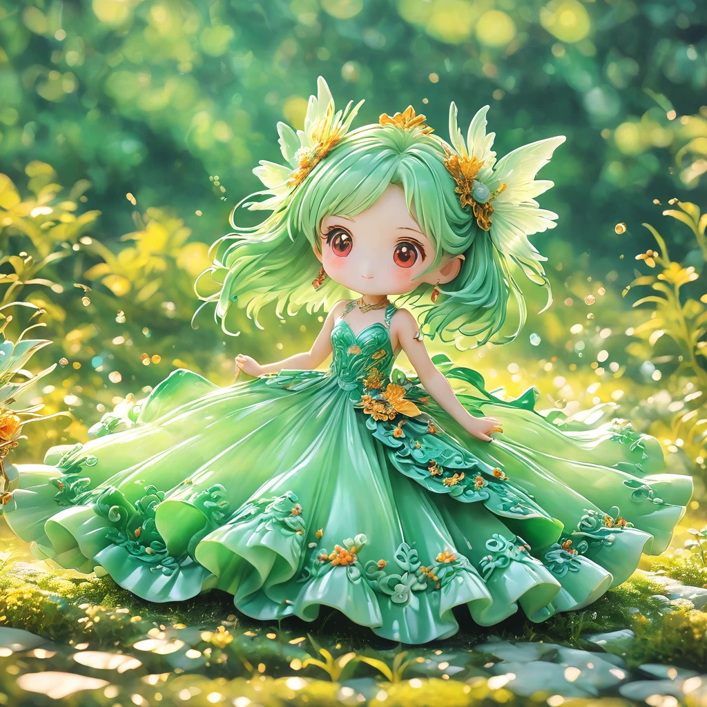 best quality, very good, 16K, ridiculous, Very detailed, charming((( Evening dress 1.3)))wing，Made of translucent jadeite, Background grassland（（A masterpiece full of fantasy elements）））， （（best quality））， （（Intricate details））（8K）