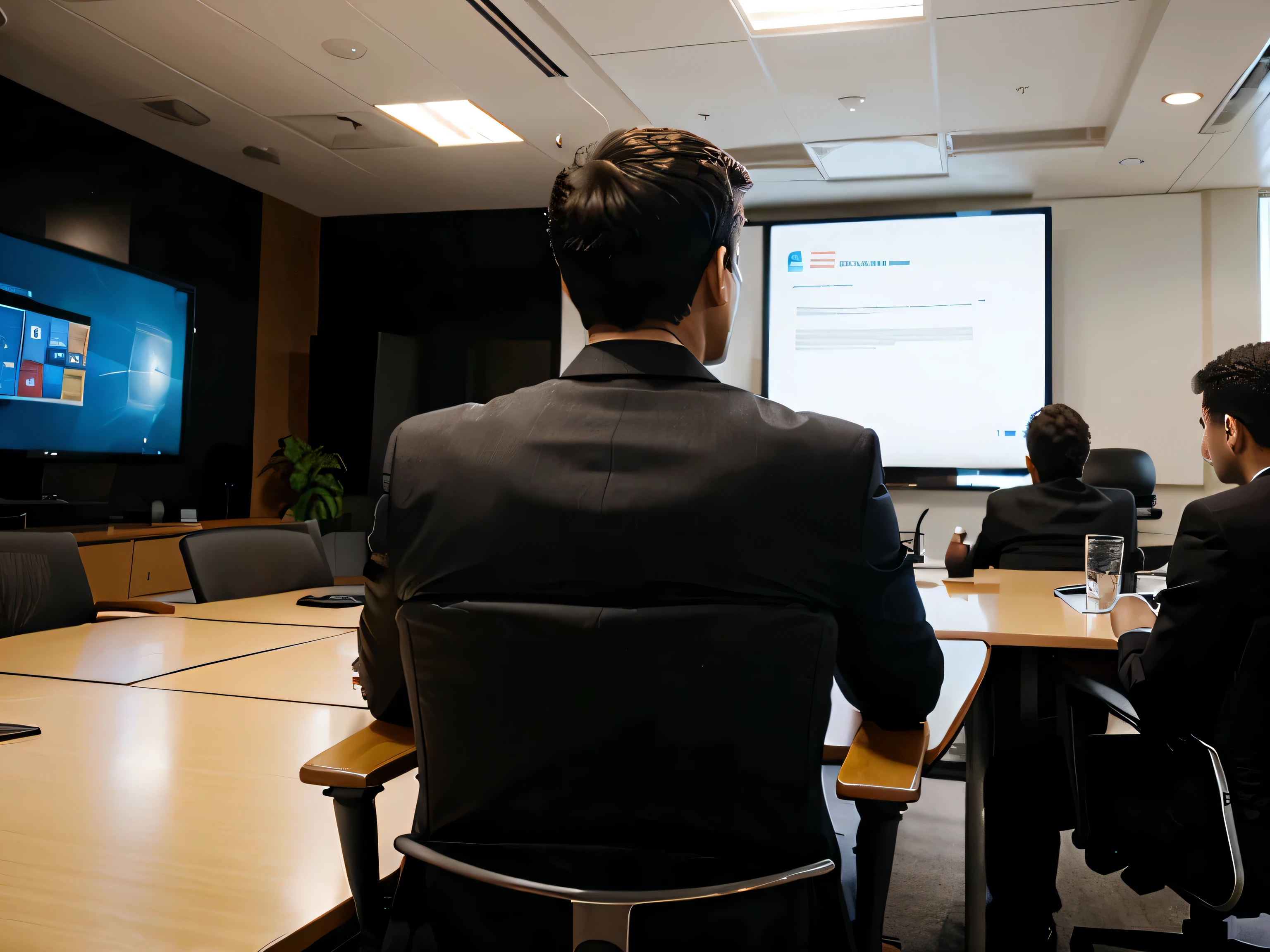 Back view of businessman having meeting with employees in conference room with laptop computer.