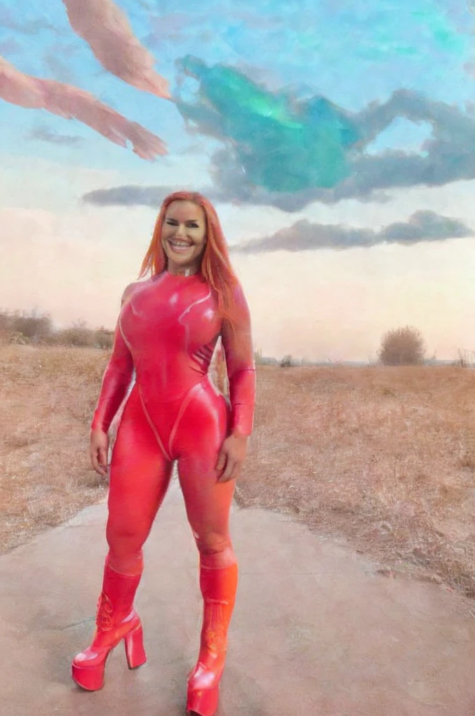 evedef, green eyes, orange hair, flowing cape, pink bodysuit, gloves, shorts, boots, looking at viewer, smiling, flying, in the air, blue sky, clouds, extreme detail, masterpiece,
