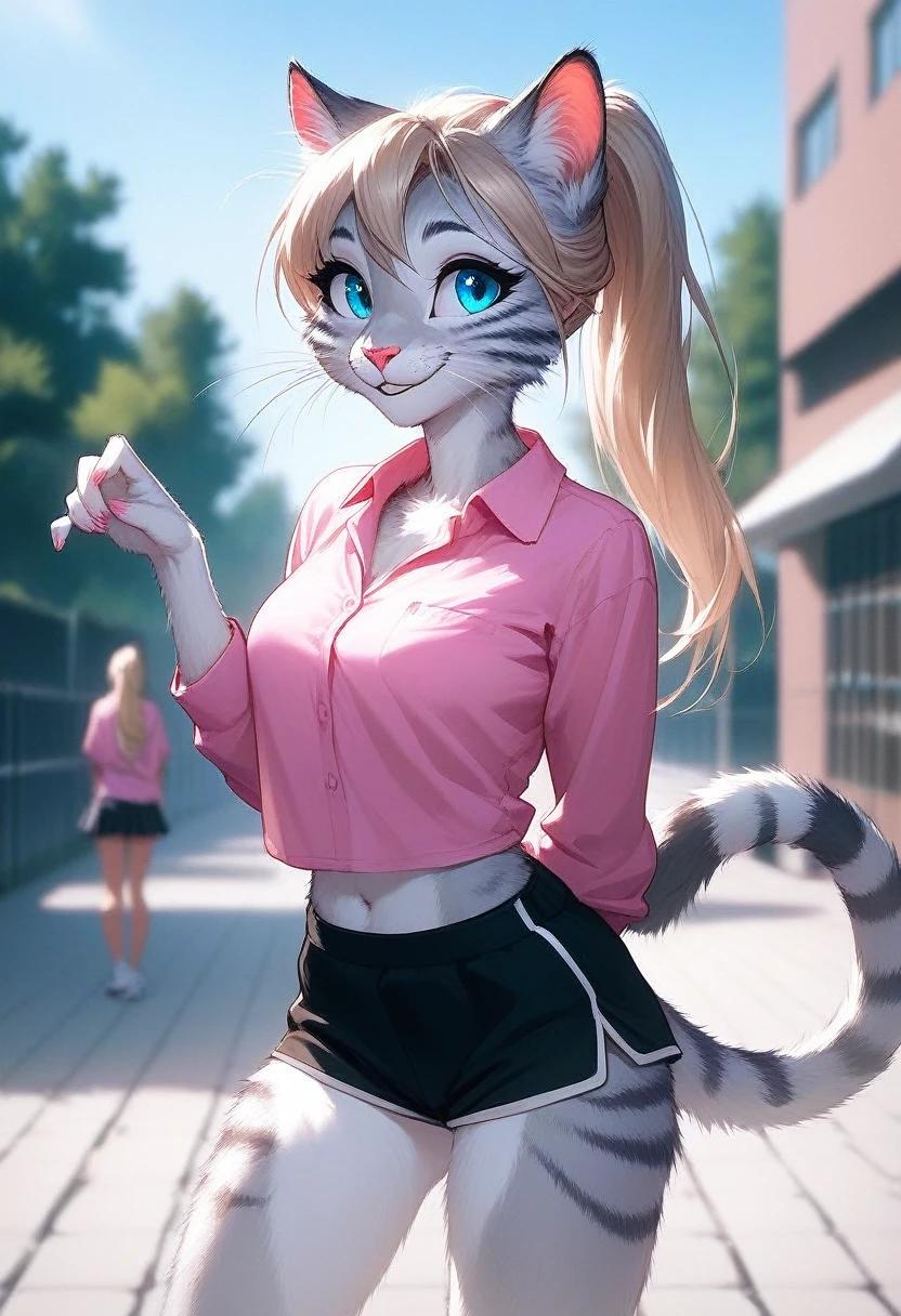 score_9,score_8_up,score_7_up, source_cartoon, source_furry, Kat, a cute Anthro furry feline girl, tall body, hourglass figure, adult female, blue eyes, :3, silver fur, long blonde hair, hair in a ponytail, white whiskers, pink nose, wearing pink shirt, white short shorts, bashful pose, hands behind her back, standing, smiling, outdoors, in a large school campus, school background