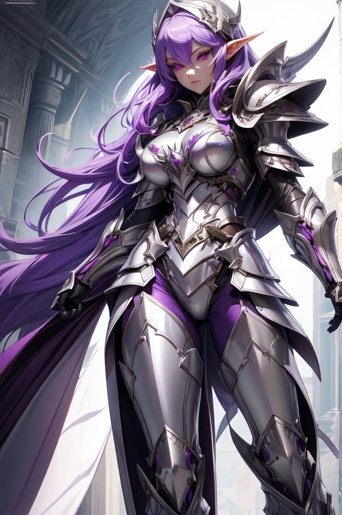 female elf knight, full body art, purple hair, white skin, red iris eye, knight full plate adorned armor, silver cape, perfectly detailed