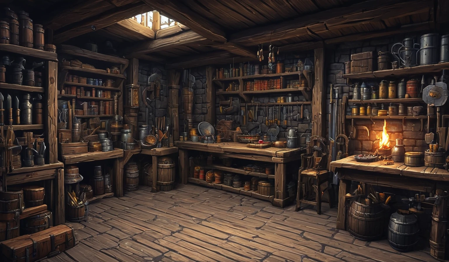 middle Ages,The inside of a cold weapon store,Beautifully detailed pixel art, middle Ages冷兵器商店内 setting, middle Ages冷兵器商店 详细的幻想插画, Realism of complex objects, Detailed 4k , 4K detail art, Detailed 4k, Detailed fantasy digital art