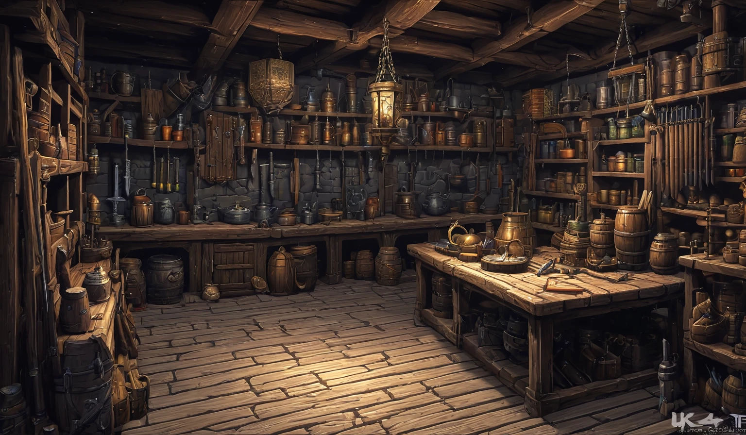 middle Ages,The inside of a cold weapon store,Beautifully detailed pixel art, middle Ages冷兵器商店内 setting, middle Ages冷兵器商店 详细的幻想插画, Realism of complex objects, Detailed 4k , 4K detail art, Detailed 4k, Detailed fantasy digital art