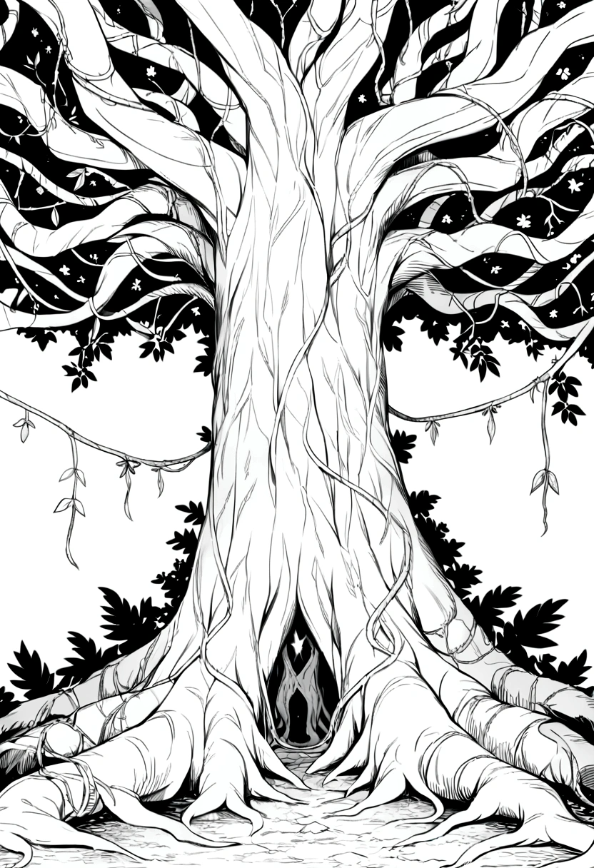 Rainforest,Big tree with vines entwined,Black and white line drawing,Line Art