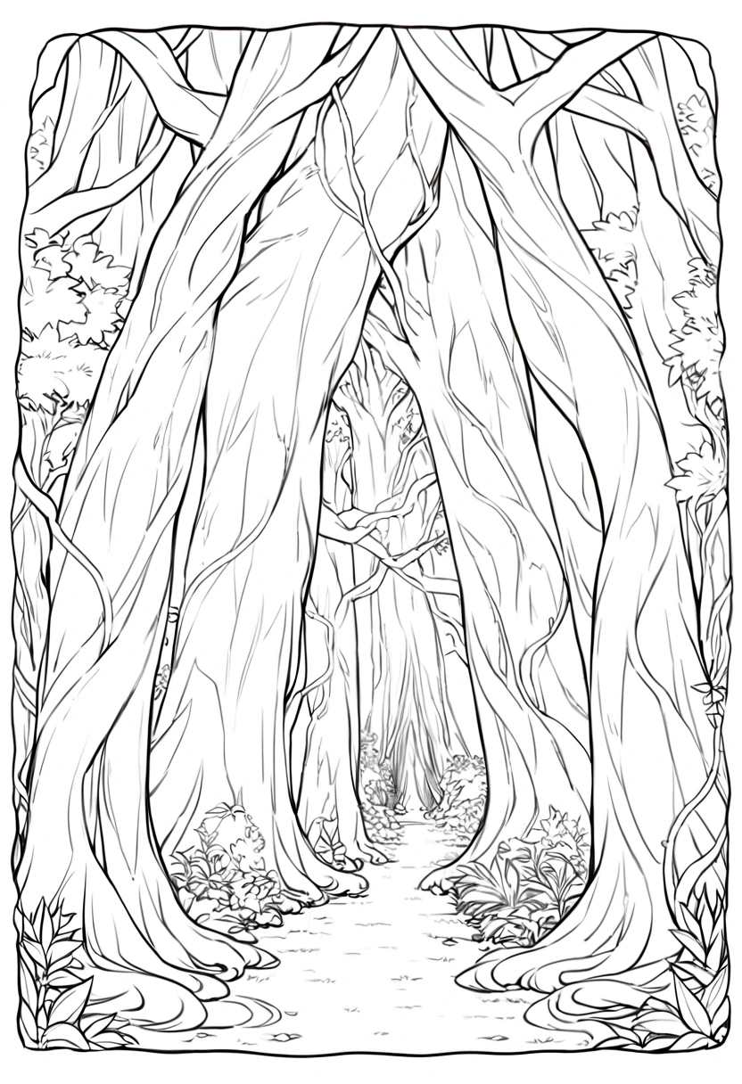 Rainforest,Big tree with vines entwined,Black and white line drawing,Line Art
